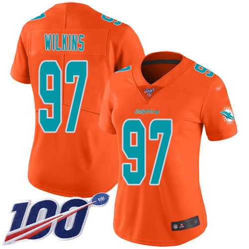 Nike Miami Dolphins 97 Christian Wilkins Orange Women Stitched NFL Limited Inverted Legend 100th Season Jersey